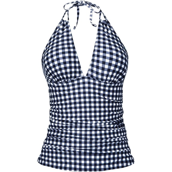 Plaid Tankini Tops for Women Swimwear Top Only V Neck Tummy Control Bathing Suit Tops Plus Size Halter Swimsuits Tops Dark Blue L