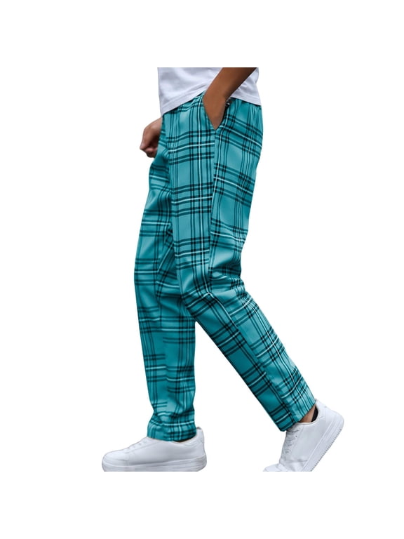 Plaid Tapered Trousers for Men Slim Fit Elastic Waist Golf Pants Classic Checkered Chino Slacks Lightweight Stretch Work Business Casual Bottoms