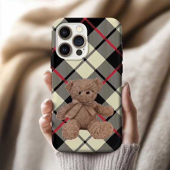 Plaid Teddy Bear Preppy Winter Phone Case with iPhone 17 through 11 Pro Max