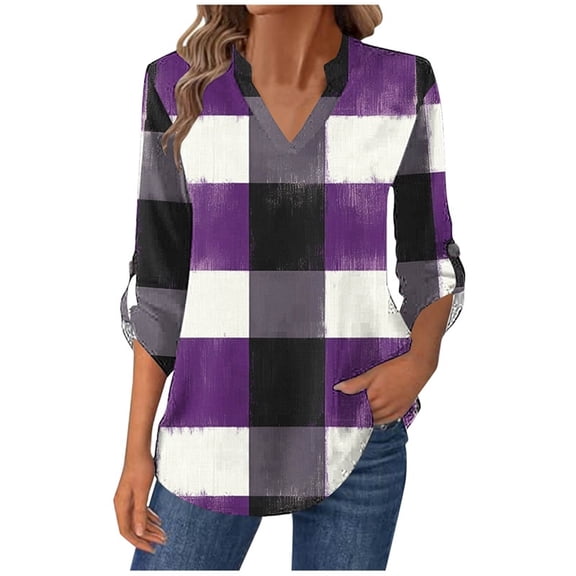Plaid Tee Shirts for Women V Neck Long Sleeve Button down Pullover Tops Trendy Casual Lightweight Fit Tunic Blouse (L, Purple)
