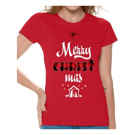 Plaid Tee for Women Red Print Merry Christmas Shirt for Women Happy Holidays Women Shirt Christian Shirt for Her Merry Xmas Ladies T-Shirt Religion Christmas Tshirt Christian Cross Top Xmas Gifts