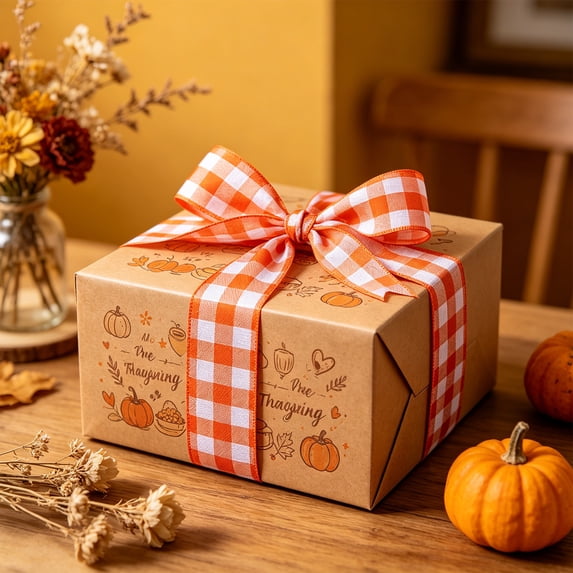 Plaid Thanksgiving Decor Ribbon Set, Fall Check Fabric Wired Ribbons for Gift Wrapping Bouquet Bow DIY Harvest Party Wreath Crafts