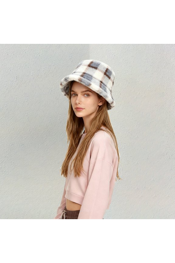 Plaid Thickened Plush Fisherman Hat, Warm Winter Bucket Hat with Faux Shearling, Unisex Cold Weather Outdoor Cap, Soft Fleece Lined Sun Hat for Autumn and Winter, Casual Checkered Bucket Hat - H