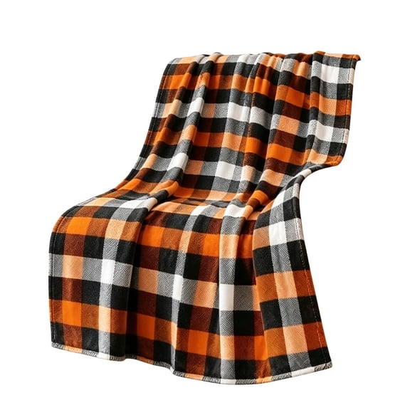 Plaid Throw Blanket, Large Check Pattern with Soft Drape for Home and Seasonal Display, Orange, Navy Blue, and White