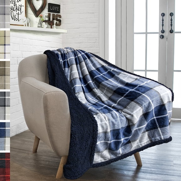 Plaid Throw Blanket for Couch Sofa Bed Sherpa Fleece Soft Microfiber Reversible