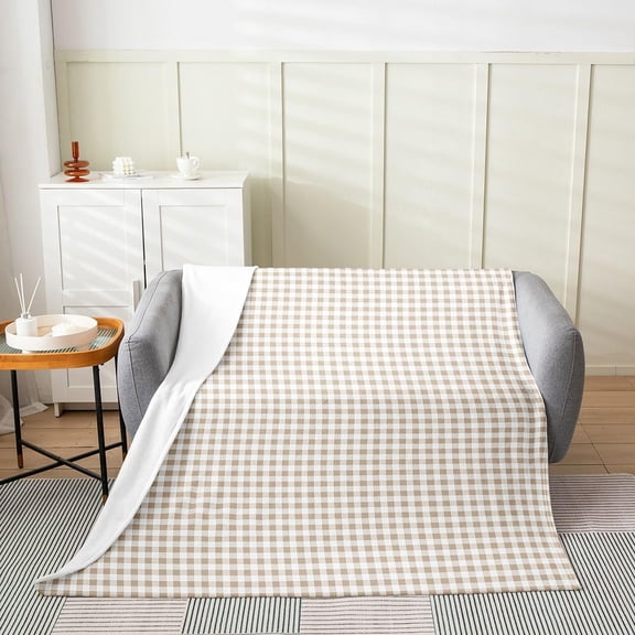 Plaid Throw Blanket for Couch Sofa Beige Plaid Fleece Blanket Soft Cozy Bed Blanket