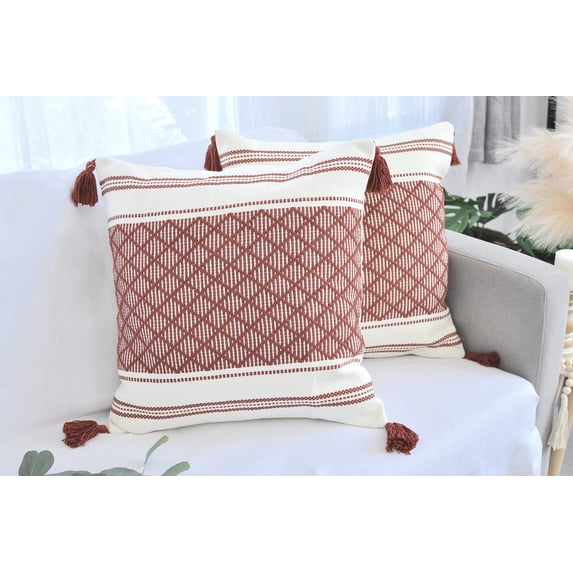 Plaid Throw Pillow Covers Rust Brown 16x16 inch - Set of 2 / Decorative Living Room Cushion Covers / Farmhouse Designer Woven Checkered PillowCases/ Modern Accent Cushion Covers With Boho Tassels