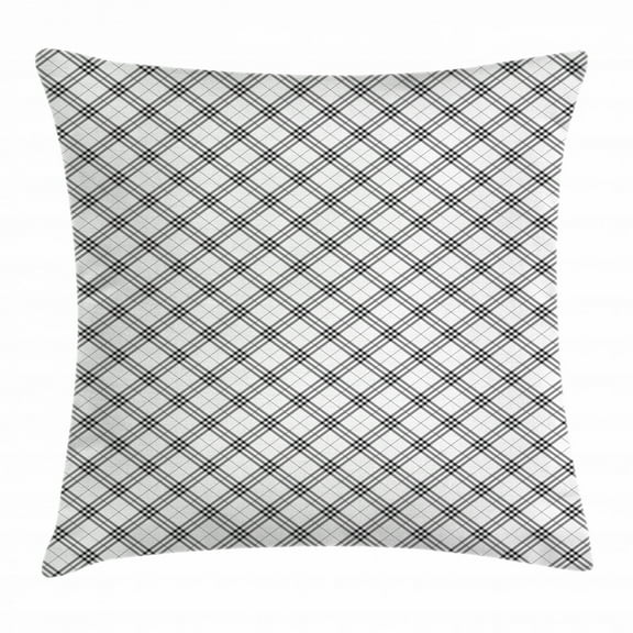 Plaid Throw Pillow Cushion Cover, Monochromatic Diagonal Pattern with Checks and Stripes Dashed Lines Celtic Classic, Decorative Square Accent Pillow Case, 16 X 16 Inches, Black White, by Ambesonne