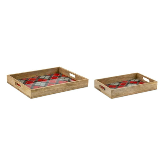 Plaid Rectangular Serving Trays - 23" - Red and Brown - Set of 2