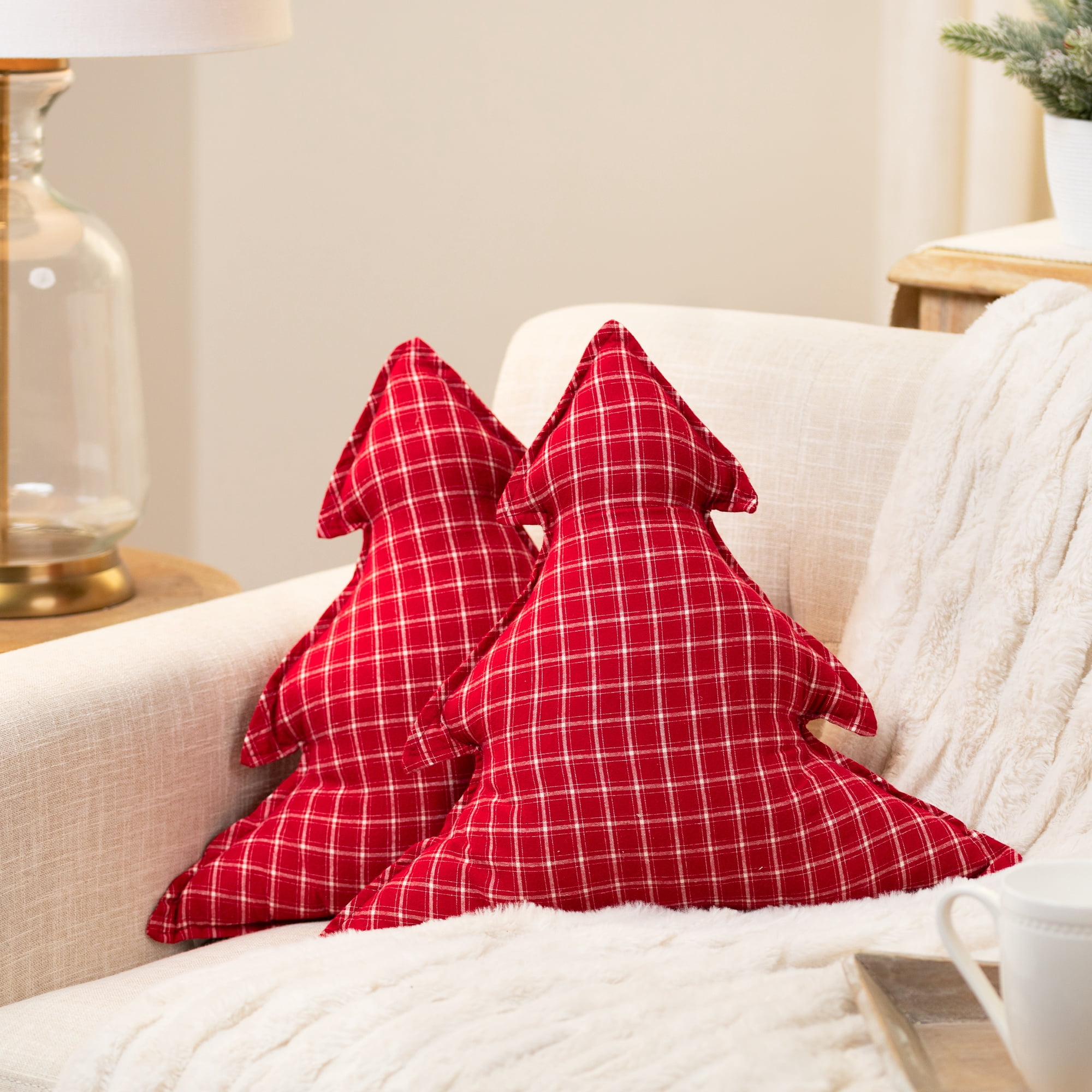 Plaid Tree Christmas Throw Pillows - 17" x 14.5" - Red and White - Set of 2