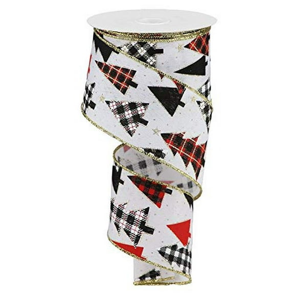 Plaid Trees on Faux Canvas Wired Ribbon 2.5" x 10 Yards, White, Red, Gold