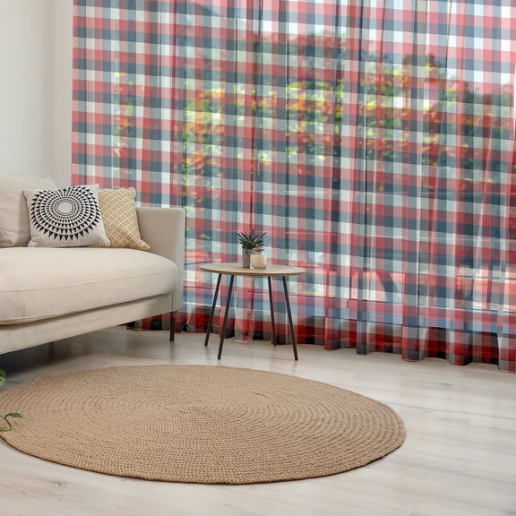 Plaid Tulle Curtains with Rod Pocket, Checkered Pattern Vintage Squares Tartan Motif Abstract Traditional, Sheer Drape for Wedding Party 2 Panels, 7 Sizes, Vermilion Dark Blue, by Ambesonne