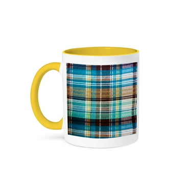 3dRose, Plaid Turquoise, 11oz Two-Tone Yellow Mug