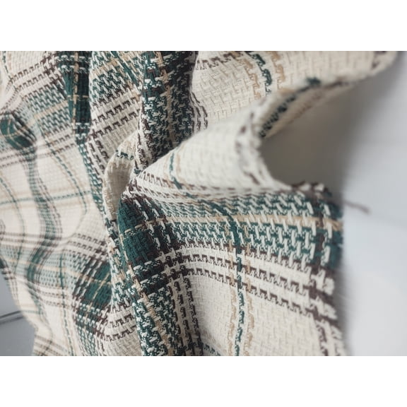 Plaid Tweed Fabric Green Cream Houndstooth Wool Blend Textile 59 Wide Jacket Upholstery Small Scale Check By The Yard (0.5 Meters)