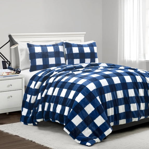Plaid Ultra Soft Faux Fur Light Weight All Season Comforter Navy 3Pc Set Full/Queen