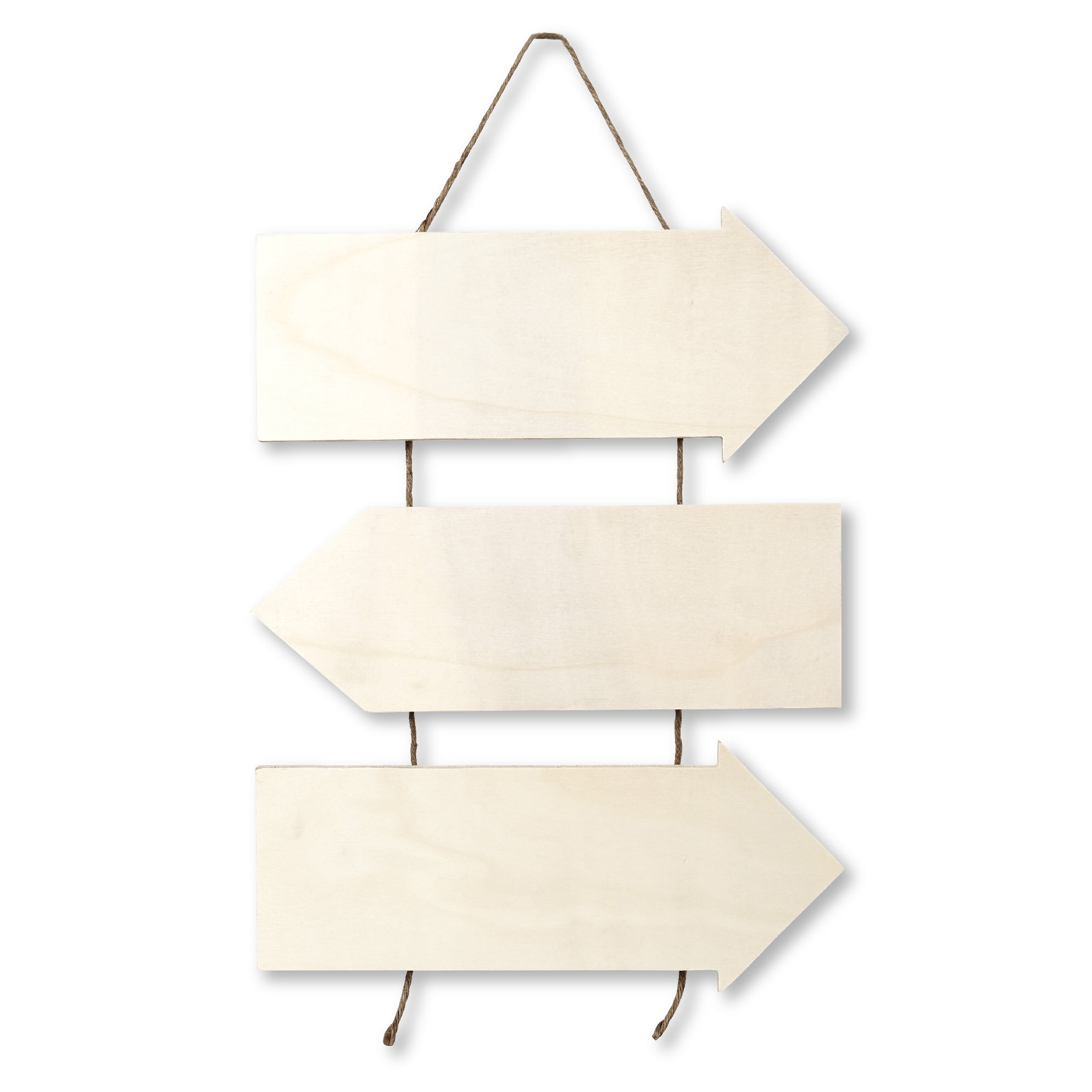 Plaid Unpainted Wood Surface Beige Directional Sign with Rope, Arrow, 15.5" x 14.5"