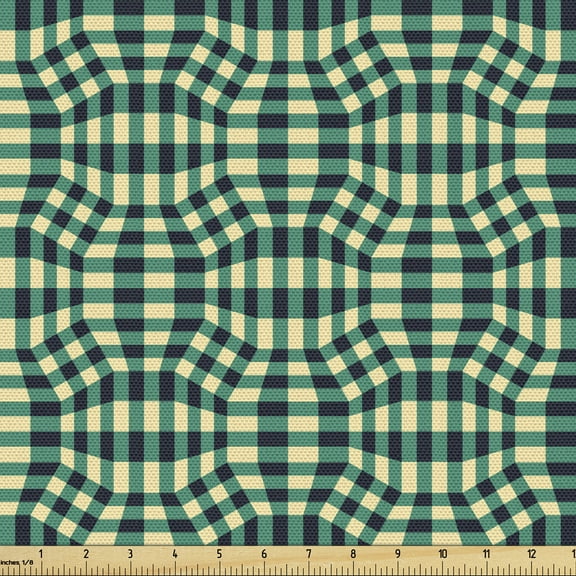 Plaid Upholstery Fabric by the Yard, Traditional Rectangles and Squares Geometric Arrangement Optical Illusion, Decorative Fabric for DIY and Home Accents, 3 Yards, Black Cream and Green by Ambesonne