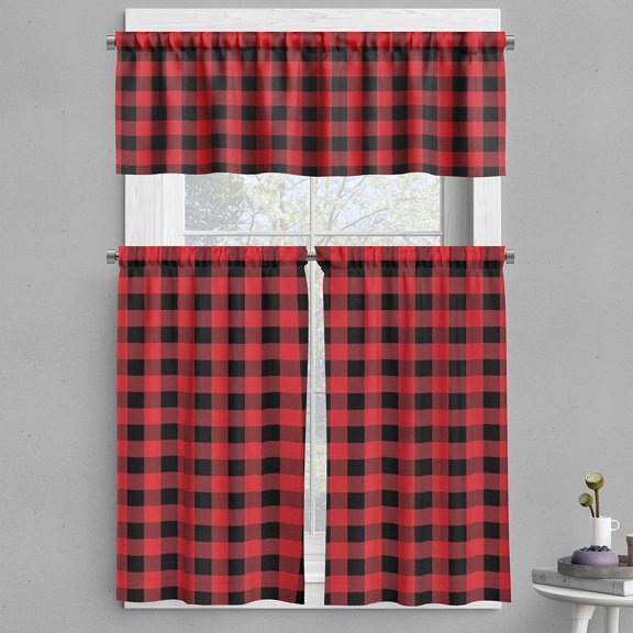 Plaid Valance & Tier Curtain 3 pcs Set, Lumberjack Fashion Buffalo Checks Pattern Retro Style Grid Composition, Window Treatments for Kitchen Room Decor, 55" x 36", Orange Black