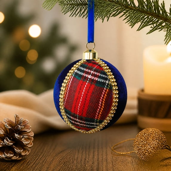 Plaid Velvet Christmas Ball Ornaments, 3.15 Inch Fabric Wrapped Christmas Tree Baubles With Rhinestone Details, Decorative Hanging Balls for Tree, Wreath and Classic Seasonal Displays