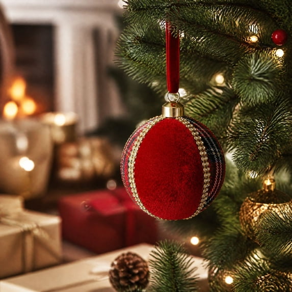 Plaid Velvet Christmas Ball Ornaments, 3.15 Inch Fabric Wrapped Christmas Tree Baubles With Rhinestone Details, Decorative Hanging Balls for Tree, Wreath and Classic Seasonal Displays