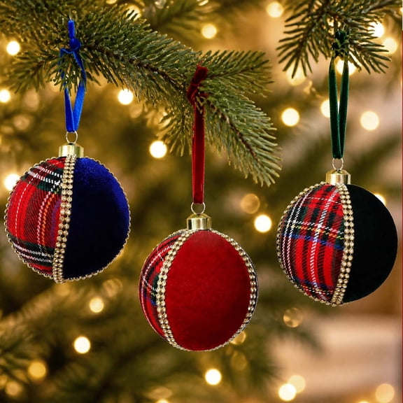 Plaid Velvet Christmas Ball Ornaments, Fabric Wrapped Christmas Balls with Rhinestone Edging, Hanging Christmas Decorations for Tree Wreath Garland Mantel Display