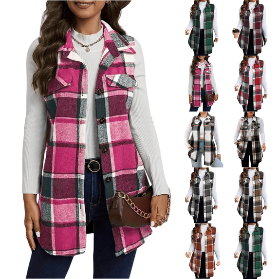 Plaid Vest Women Lapel Open Front Sleeveless Jacket Outerwear Cardigan with Pockets Hot Pink 2XL