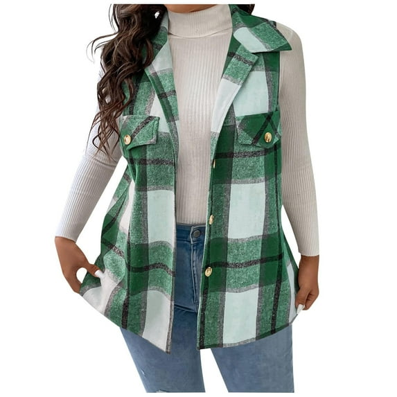 Plaid Vest for Women Sleeveless Lapel Collar Coats with Decorative Pockets Color Block Fall Casual Outwear Jacket