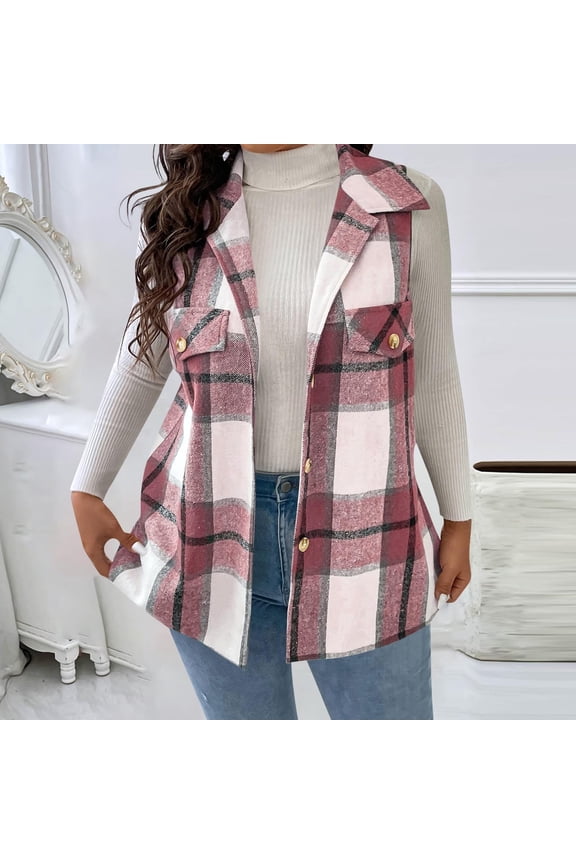 Plaid Vests for Women Lapel Sleeveless Jackets Button Front Checkered Shacket Lightweight Waistcoat Outerwear New Fall Vests for Women Lightweight Pinky 3XL