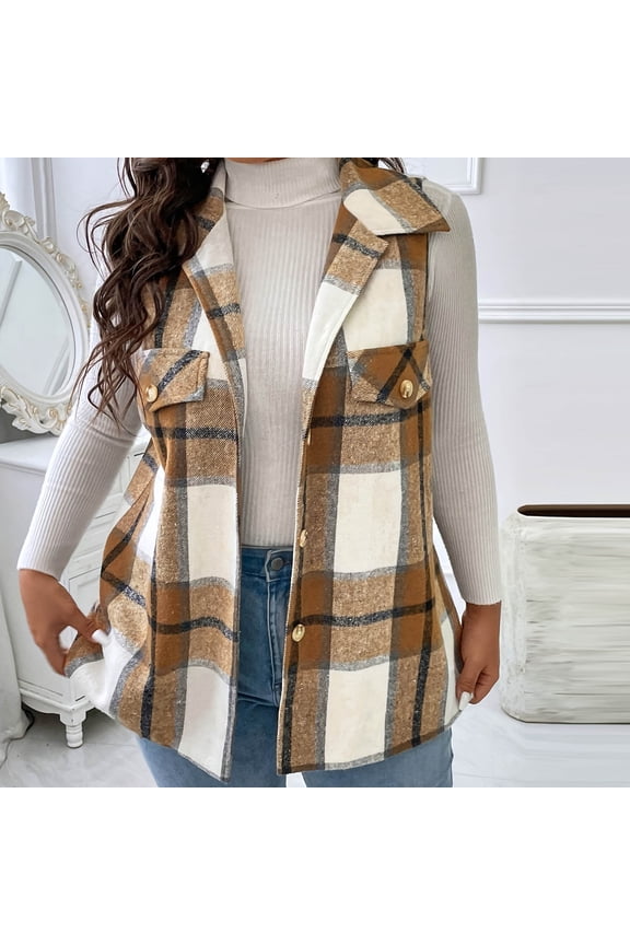 Plaid Vests for Women Lapel Sleeveless Jackets Button Front Checkered Shacket Lightweight Waistcoat Outerwear New Sleeveless Jacket Women Vests Khaki 5XL