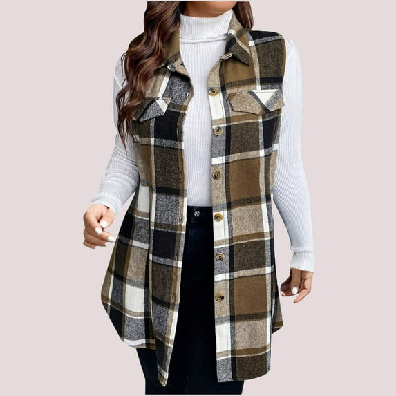 Plaid Vests for Women 2024 Trendy Sleeveless Button Down Flannel Shirt Jacket with Pocket Fall Winter Outerwear