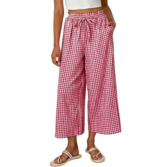 Plaid Wide Leg Pants for Women Elastic Waist Baggy Summer Beach Capris Lightweight Casual Lounge Trendy Trousers Pink 2XL