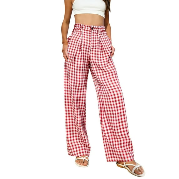 Plaid Wide Leg Pants for Women Mid Waisted Buttoned Checkered Pants Trendy Business Casual Trousers with Pockets
