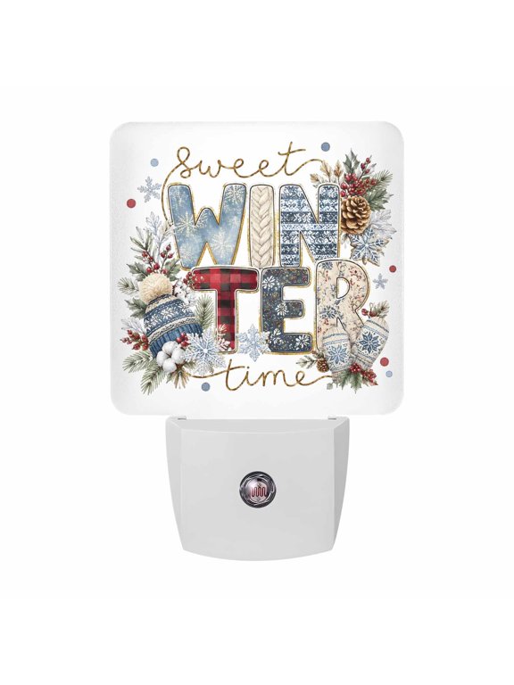 Plaid Winter Letters Night Lights, Christmas Snowy Pinecones Cable Knit Mittens Smart Auto Dusk to Dawn Sensor Nightlights Plug-in Nightlight for Bedroom Bathroom Living Room Kitchen Hallway