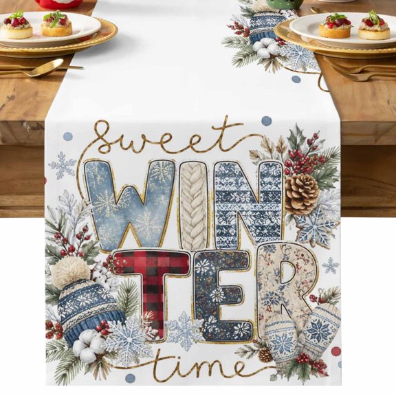 Plaid Winter Letters Table Runner 13x36 Inch Christmas Snowy Pinecones Cable Knit Mittens Cotton Linen Dining Table Runner Ideal for Dresser Kitchen Coffee Tables - Machine Washable
