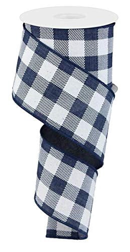 Plaid Wired Ribbon, Navy Blue White, 2.5 Inches x 50 Yard
