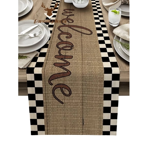 Plaid Wood Grain Retro Welcome Table Runner Home Wedding Table Flag Mat Centerpieces Decoration Party Dining Long Tablecloth
