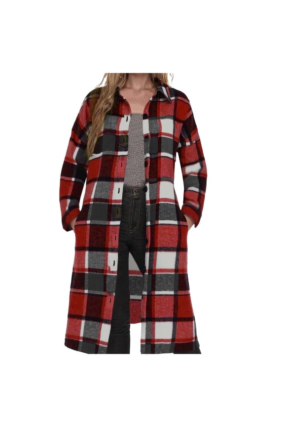 Plaid Wool Coat Women's Winter Coat Full-Length Peacoat Lapel Collar Jacket Overcoat Fleece Thick Outerwear Trendy Outwear 2025 New Topcoat Casual Cozy Trench Coats(Red,L)