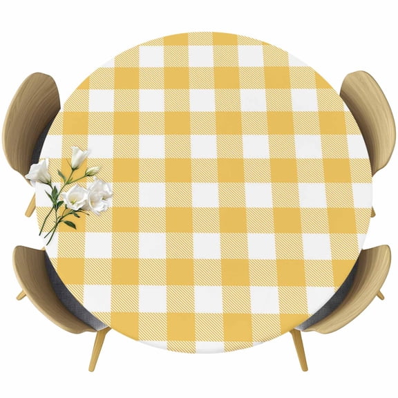 Plaid Yellle, Fitted Tablecloth with Elastic Edged, Round Table Cloth for Dining Table, Rural Abstract Geometric Lattice Waterproof Oil Proof Table Cover for Indoor Outdoor 36"-44"