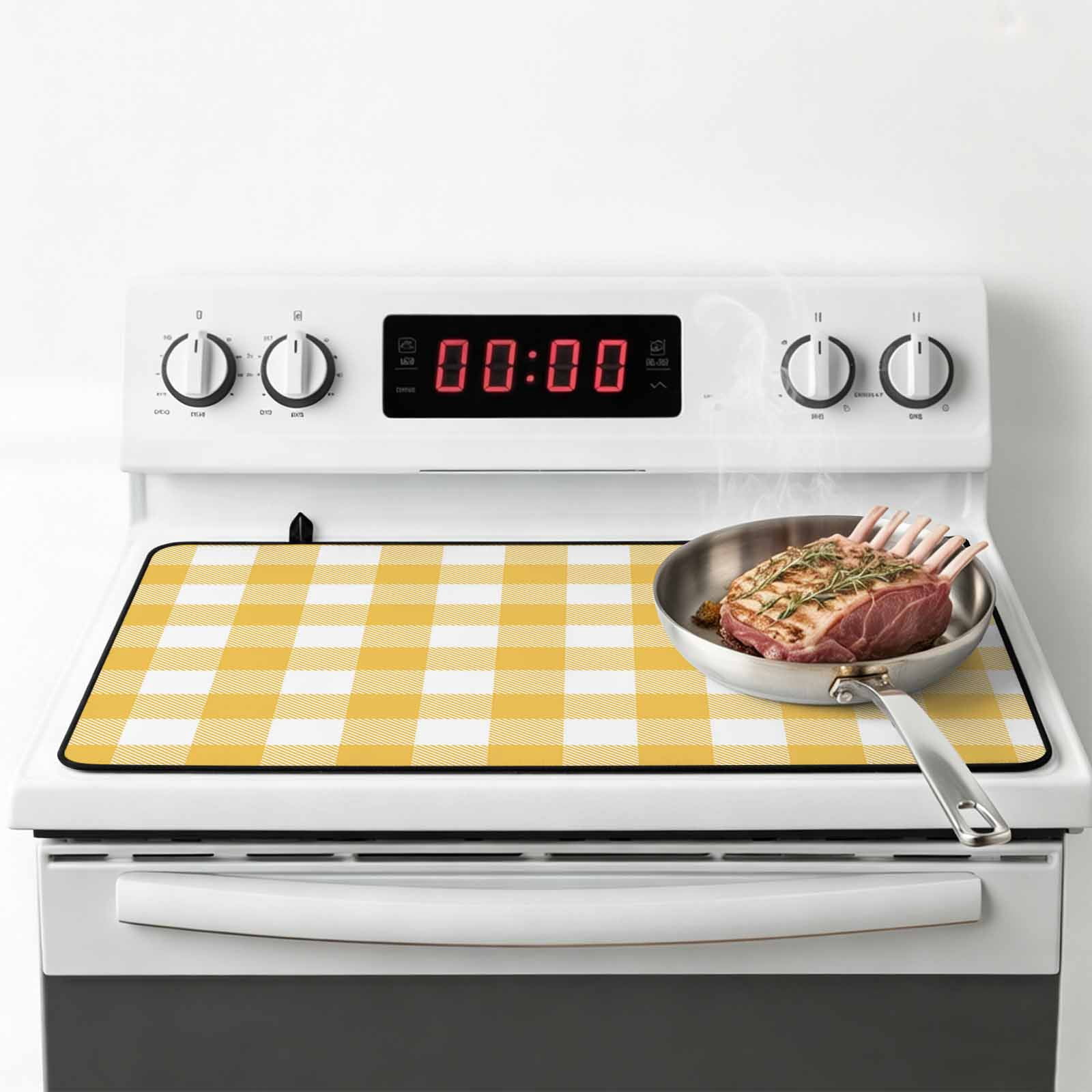 Plaid Yellle, Stove Top Cover for Electric Stove, Heat-proof & Non Slip Glass Top Stove Cover Protector, Rural Abstract Geometric Lattice Kitchen Flat Cooktop Rubber Mat 24x21 Inches