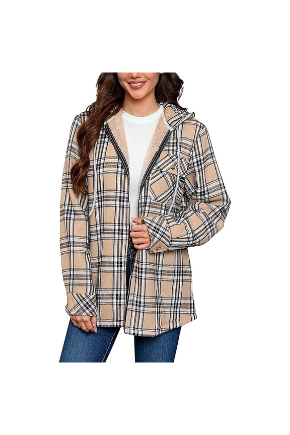 Plaid Zip Up Hoodie Women - Winter Travel Fleece Lined Hooded Sweatshirt with Pockets Drawstring Full Zipper Flannel Hoodie Shirts