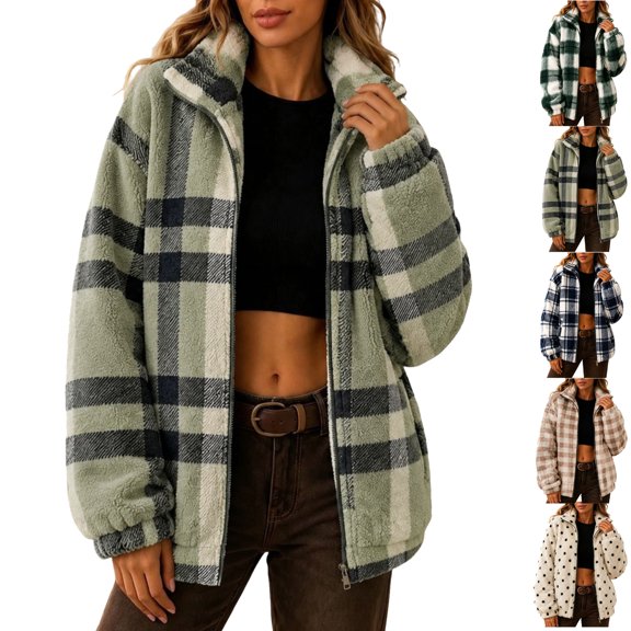 Plaid Zip Up Sherpa Jackets for Women Soft Long Sleeve Pockets Weekend Wear Coats