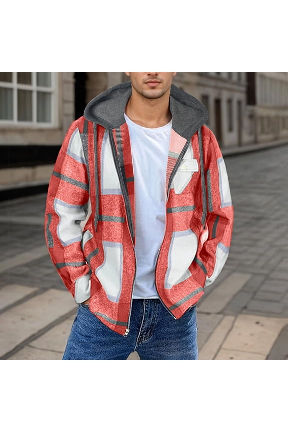 Plaid Zipper Hooded Sweatshirt Jacket Casual Flannel Shirt for Men