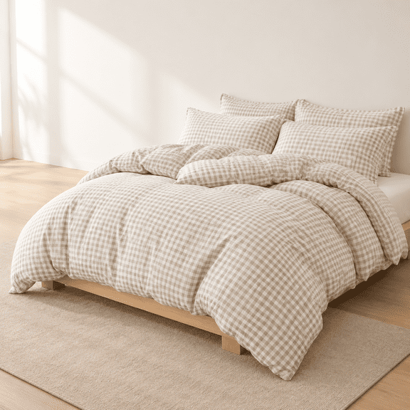Plaid-brown Queen Gingham Checkered Washed Microfiber 3-Piece Bedding Set