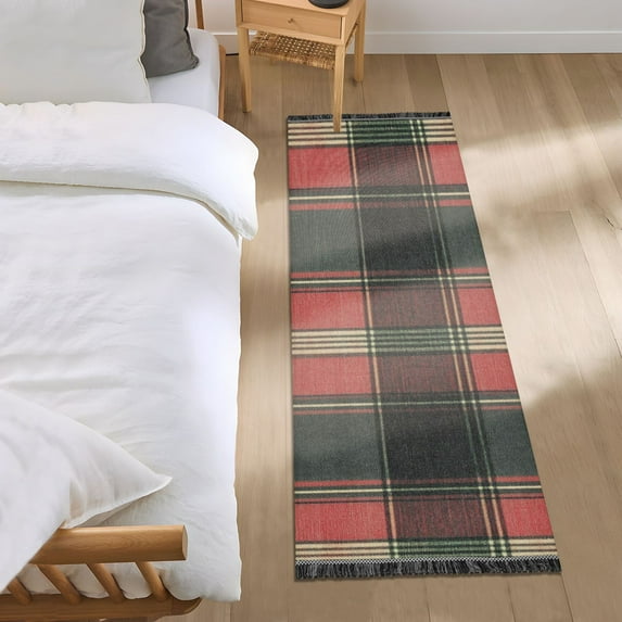 Plaid in Green Red Yellow Bedside Runner Rug 2'x 6' Non Slip Carpet Floor Mat Area Rug