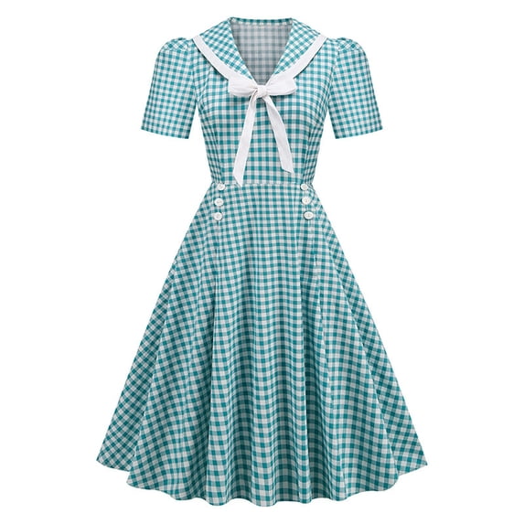 Plaid patchwork waist wide retro dress with tutu-light blue-XL