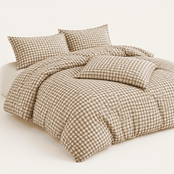Plaid-tan King Gingham Washed Microfiber 3-Piece Soft Reversible Bedding Set
