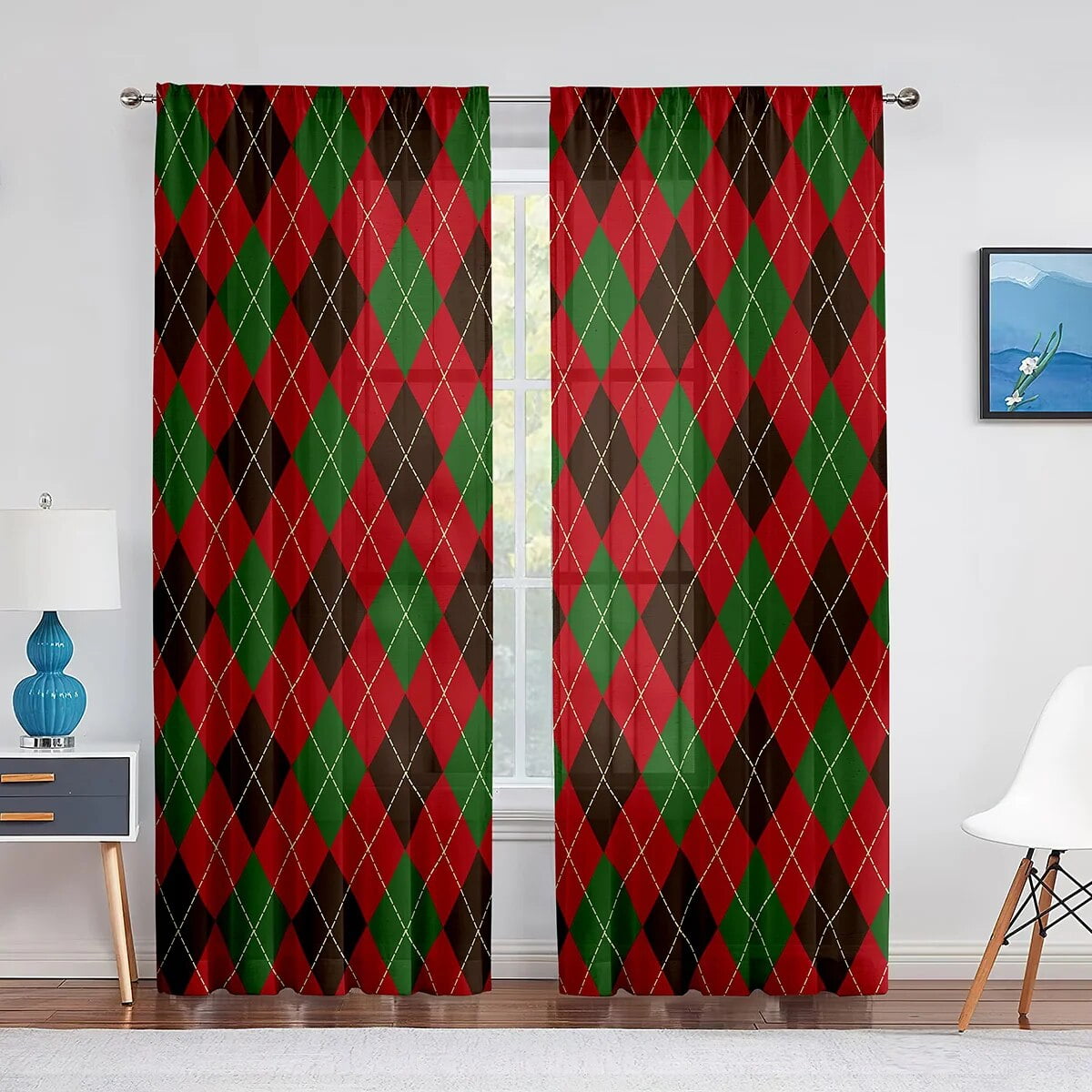 Plaid with Diagonal Lines and Rhombuses Tulle Curtains for Living Room ...