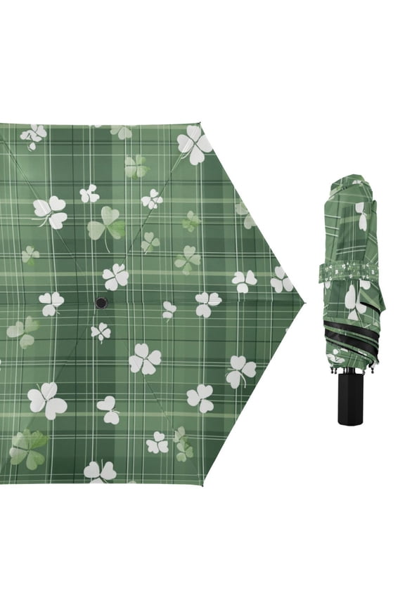 Plaid with Shamrocks Compact Sun Umbrella Windproof Travel Umbrellas for Rain Strong Portable UV Protection