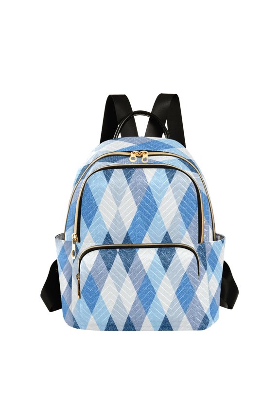 Plaids Argyle Pattern with Blue and White Quilted Backpack Fashion Daypack Commuter Bag for Women 8.5 L