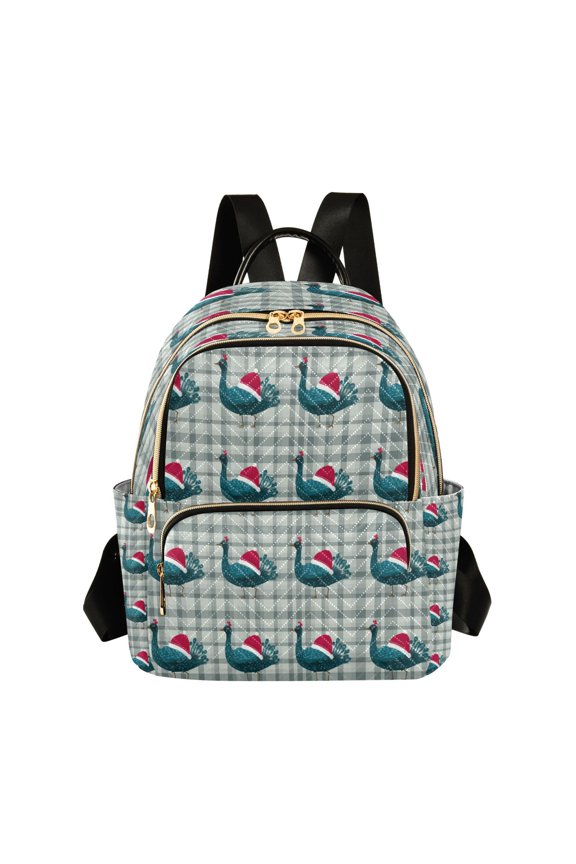 Plaids Cartoon Peacocks with Christmas Hats Quilted Backpack Fashion Daypack Commuter Bag for Women 8.5 L